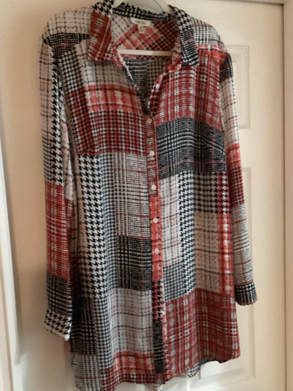 Patchwork Plaid Button-Up Tunic - Red, Black & White